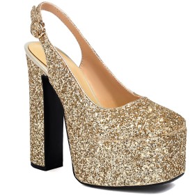 Cerimonia Tacchi Alto Slingback Con Lacci Alla Caviglia Scarpe Tacco Largo Glitter Scarpe Da Sera Plateau Decollete