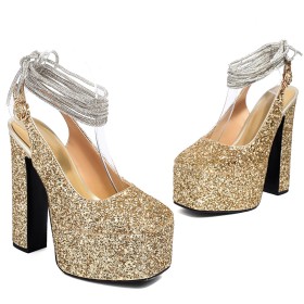 Cerimonia Tacchi Alto Slingback Con Lacci Alla Caviglia Scarpe Tacco Largo Glitter Scarpe Da Sera Plateau Decollete