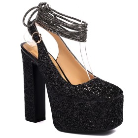 With Rhinestones Black Ankle Wrap 15 cm High Heels Pumps Chunky Sparkly Glitter Slingbacks Block Heels Platform