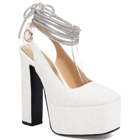 Lacet Cheville Talon Carré Avec Strass Talons Epais Slingback Blanche Chaussure Mariage Chaussure De Soirée Escarpins Paillettes Plateforme Bout Carré Chaussure Femme À Talon Brillante