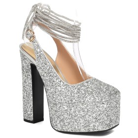 15 cm Hoge Hak Pumps Plateau Zilver Touwtjes Bruidsschoenen Feest Glitter Sparkle Slingbacks Schoen