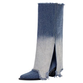 4 inch High Heeled Fold Over 2024 Classic Denim Pointed Toe Gradient Vintage Block Heels Chunky Knee High Boots For Women Going Out Footwear