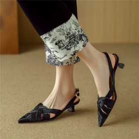 Kitten Heel Satin Leather Elegant Leather Strappy Slingback Business Casual Sandals Low Heel Belt Buckle