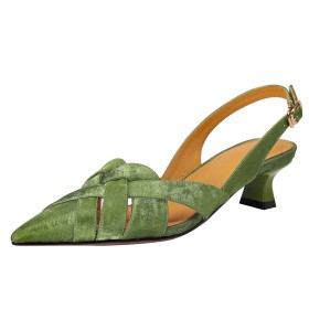 Slingbacks Satin Textured Leather Thick Heel Pointed Toe Elegant Belt Buckle Kitten Heel 4 cm Low Heel Green Going Out Footwear Sandals