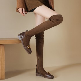 À Boucle Overknee Boots Bout Carré Chaussettes Plates Bottes Haute Cuir Confort Originale