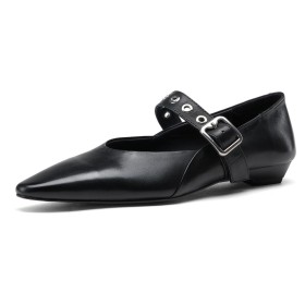 Pointed Toe Natural Leather Flats Comfortable Belt Buckle Black Business Casual With Ankle Strap