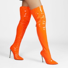 Patent Leather Fur Lined Pointed Toe 13 cm High Heels Stiletto Thigh High Boots Tall Boot Neon Color Going Out Footwear