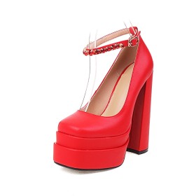 Di Vernice Con Tacchi Alto Uscire Rosse Pelle Tacco Largo Platino Moda Decolte Punta Quadrata Scarpe Lacci Caviglia