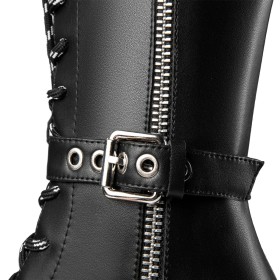 Combat Classic Round Toe Leather Block Heels 4 inch High Heel Thick Heel Boots For Women Belt Buckle