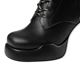 Combat Classic Round Toe Leather Block Heels 4 inch High Heel Thick Heel Boots For Women Belt Buckle