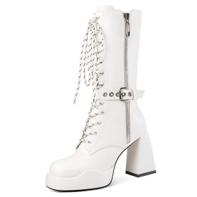 Klassiek Combat Boots Witte Met Blokhak Plateau Leren Laarsjes Veterschoenen Comfort Going Out