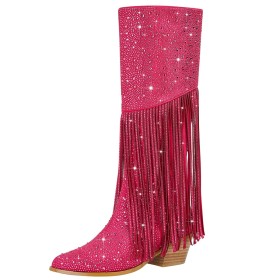 Knee High Boot For Women Block Heels Comfort 7 cm Mid Heel Thick Heel Hot Pink Party Shoes Rhinestones Dressy Shoes Fringe Pointed Toe Sparkly