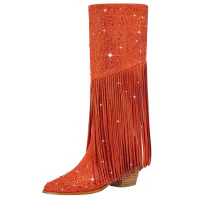Dress Shoes Party Shoes Sparkly Going Out Shoes Fringe Block Heels Chunky Knee High Boots For Women Orange With Rhinestones 7 cm Mid Heel