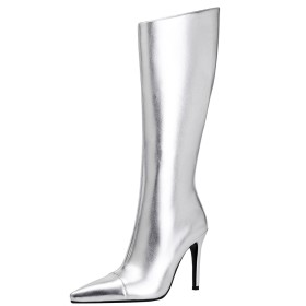 Stilettos Finskor Knähöga Stövlar Höga Stövlar Fuskläder Metallic Silver Sköna Med Dragkedja Classic Spetsiga Tå Höga Klackar