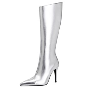 Stilettos Kniehohe Abendschuhe Silber Metallic Hohe Stiefel Klassisch Mit 8 cm High Heels Boots Damen
