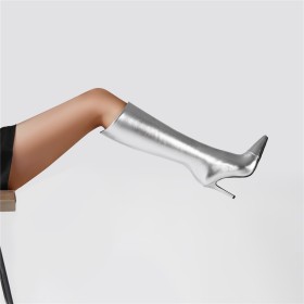 Hoge Laarzen Dames Highheel Knie Laarzen Metallic Naaldhakken Klassiek Imitatieleer