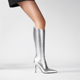 Stilettos Kniehohe Abendschuhe Silber Metallic Hohe Stiefel Klassisch Mit 8 cm High Heels Boots Damen