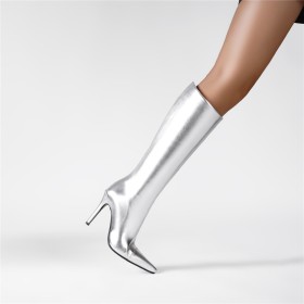 Knee High Boot For Women Tall Boot Classic 3 inch High Heel Elegant Metallic Silver