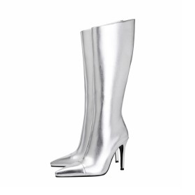 Hoge Laarzen Dames Highheel Knie Laarzen Metallic Naaldhakken Klassiek Imitatieleer