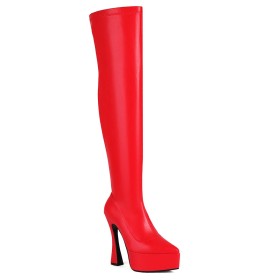 Chunky Red High Heel Classic Going Out Shoes Thigh High Boots Grained Tall Boot