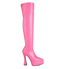 Fuchsia Overknee Boots Bottes Hautes Femme Fermeture Éclair Talons Epais Cuir Grainé A Talon 15 cm