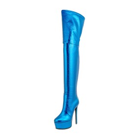 Vernis Cuissardes A Talon Tres Haut 16 cm Fermeture Éclair Cuir Femme Plateforme Brillante Bottes Hautes Femme Pole Dance