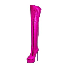 Fuchsia Botte Cuissarde Habillé Plateforme Bottes Haute Talon Aiguille Talon 16 cm