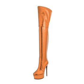 16 cm Extreme High Heels Metallic Stiletto Heels Faux Leather Patent Leather Sparkly Over Knee Boots Fur Lined Going Out Footwear Orange Tall Boots