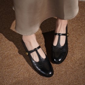 Vintage Comfort Classic Flats T-Strap Business Casual Shoes Ankle Strap Leather