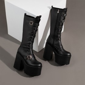6 inch High Heel Chunky Heel Round Toe Faux Leather Mid Calf Boot For Women Goth Closed Toe With Buckle Block Heel