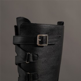 6 inch High Heel Chunky Heel Round Toe Faux Leather Mid Calf Boot For Women Goth Closed Toe With Buckle Block Heel