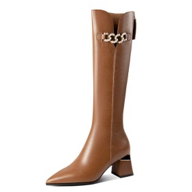 Tall Boots Chunky Heel With Pearl Brown Fur Lined Pointed Toe Block Heels Leather Knee High Boots Going Out Shoes Elegant