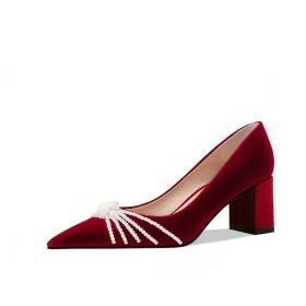 Burgundy Pointed Toe Elegant Velvet 8 cm High Heel Formal Dress Shoes Pumps Block Heels Pearl Womens Shoes Chunky Heel