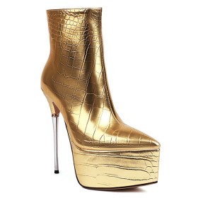 Sparkly Ankle Boots Crocodile Print 16 cm Extreme High Heel Fur Lined Stiletto Classic Gold Metallic