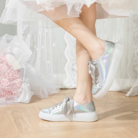 With Bowknot Sparkly Sneakers Ombre Silver Platform Flat Shoes Comfortable