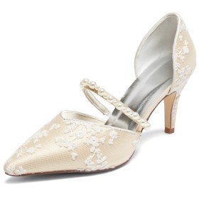 Champagne Pumps Comfortable Stiletto Pointed Toe D orsay Dress Shoes Lace With Flower Beautiful 3 inch High Heeled Ankle Strap Pearls Wedding Shoes