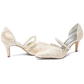 Champagne Pumps Comfortable Stiletto Pointed Toe D orsay Dress Shoes Lace With Flower Beautiful 3 inch High Heeled Ankle Strap Pearls Wedding Shoes