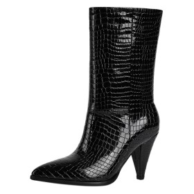 Patent Leather Mid Calf Boot For Women Black Snake Printed Faux Leather 4 inch High Heel