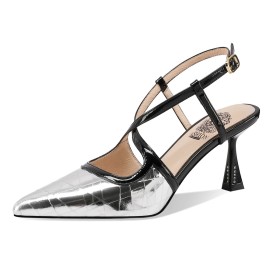 Silver Business Casual Sparkly Leather Elegant Belt Buckle Evening Party Shoes Patent Leather Mid Heel Metallic Slingbacks Stiletto Sandals