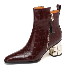 Bottines Élégantes Imprimé Crocodile Fermeture Éclair Talon Carré Fourrees Vernis Bout Carré Cuir Talon Mi Haut