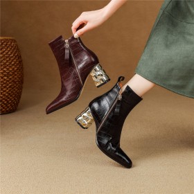 Bottines Élégantes Imprimé Crocodile Fermeture Éclair Talon Carré Fourrees Vernis Bout Carré Cuir Talon Mi Haut