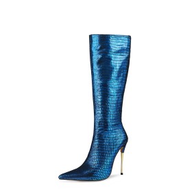 Pleated Closed Toe Sparkly Stylish Snake Print Fur Lined Stilettos 5 inch High Heel Blue Mid Calf Boot Metallic Pointed Toe