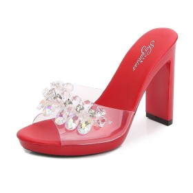 Peep Toe Classic Chunky Block Heel With Crystal Slipper High Heels Sandals Red