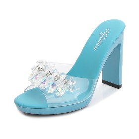 With Crystal Block Heel Classic Faux Leather Light Blue Womens Sandals Chunky 11 cm High Heeled