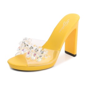 Classic Block Heels Peep Toe Faux Leather 11 cm High Heel Slipper Yellow Sandals PU