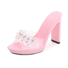 11 cm High Heeled Slipper Faux Leather Thick Heel Classic Block Heels Sandals With Crystal Pink Open Toe