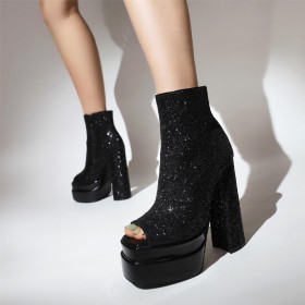 Booties For Women Party Shoes Thick Heel Block Heel High Heels Sequin Black Fashion Platform