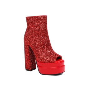 Sparkle 2022 Glitter Peep Toe Laarsjes 15 cm Hoge Hak Rode Plateau Blok Hak