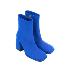 Classic Royal Blue Comfort Winter Suede Going Out Footwear Chunky Heel 3 inch High Heel Ankle Boots Block Heel