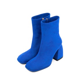 Fourrées Bottines Talon Haut Bleu Roi Talons Carrés